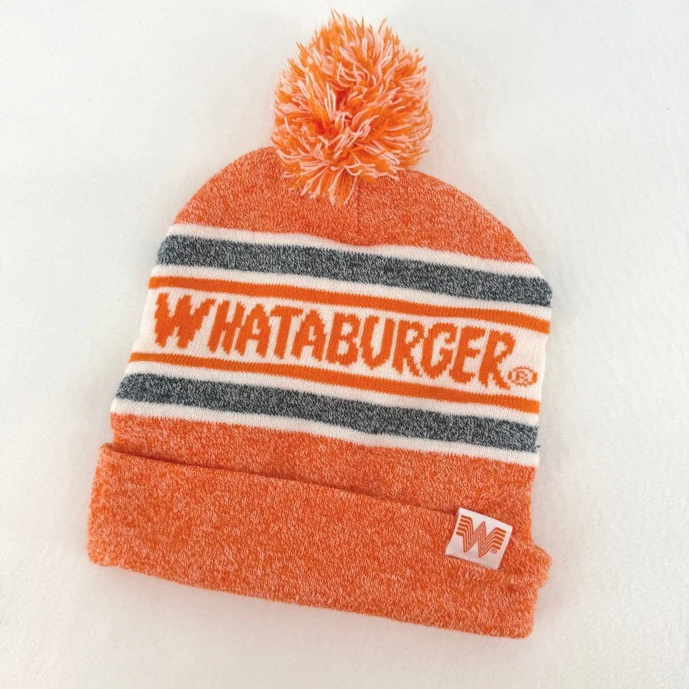Whataburger Beanie Hat Unisex One Size Orange Pom Pom Knit Cuffed Winter Cap - Picture 2 of 5